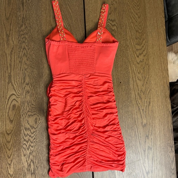 Coral V- Neckline Scrunch Sexy Dress w/Rhinestones Flattering Stretch Size S - Picture 7 of 8